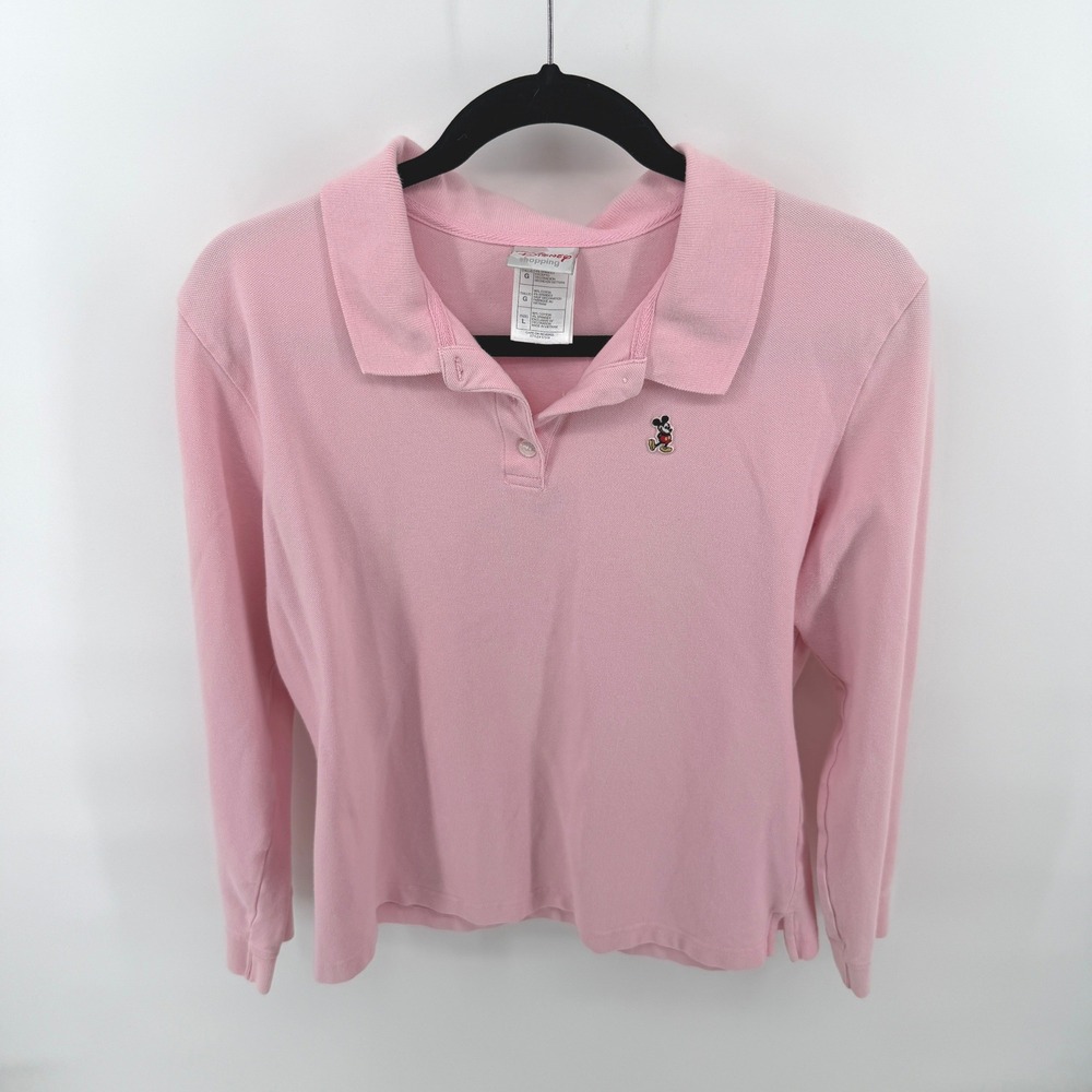 Vintage Disney Polo Shirt Mickey Mouse  Large Pink Womens Long Sleeve Casual